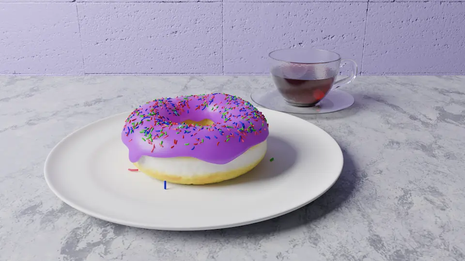Render of a donut and tea in a donut shop